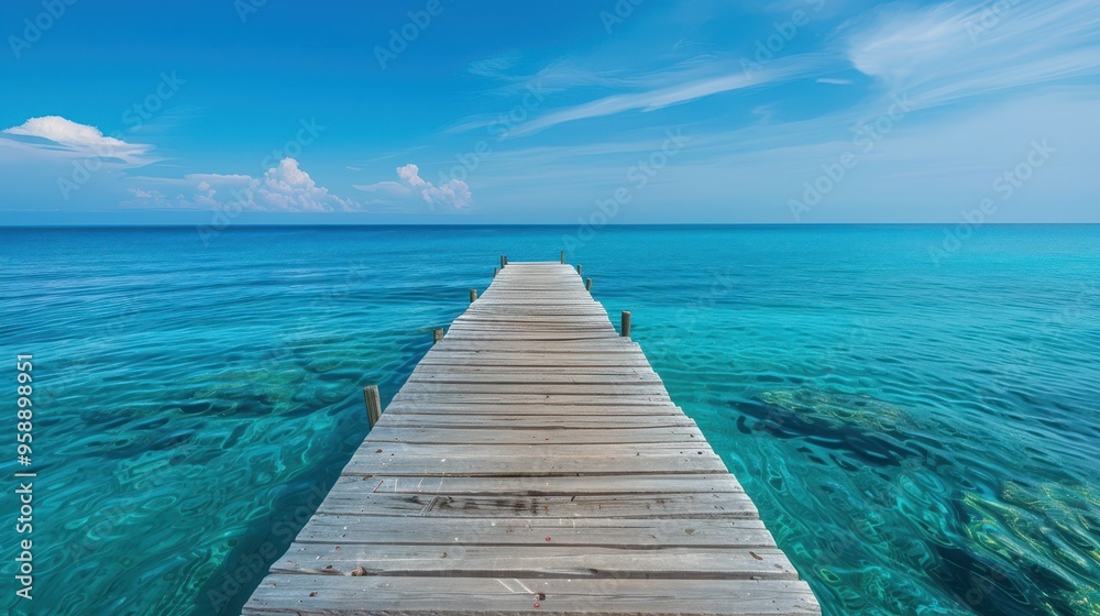 Fototapeta premium Serene Wooden Pier Extending into Crystal Clear Turquoise Ocean under a Bright Blue Sky with White Clouds