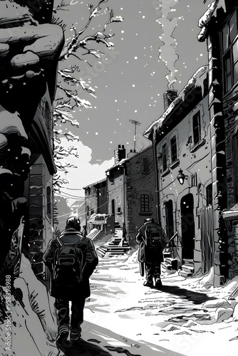 Snowy Village Street With Two People Walking