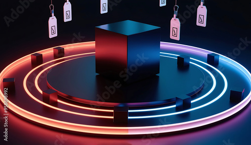 Black Friday banner background,  The image features a futuristic, circular display with a central black cube surrounded by glowing rings of orange and blue light. Suspended tags hover above.