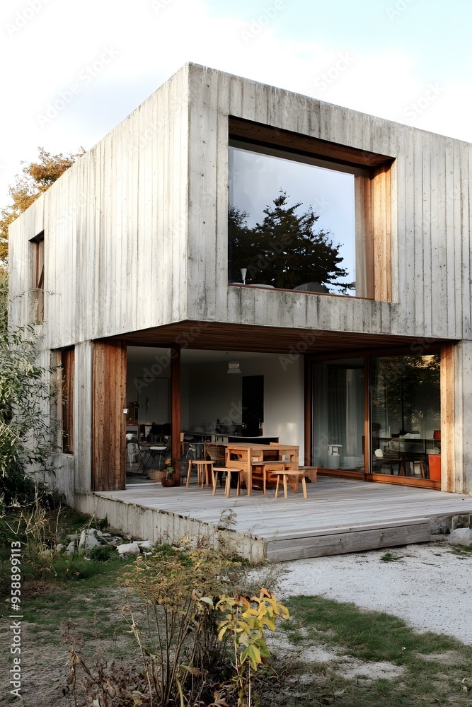 Modern Concrete House with Wooden Deck and Large Windows Modern Concrete House with Wooden Deck and Large Windows