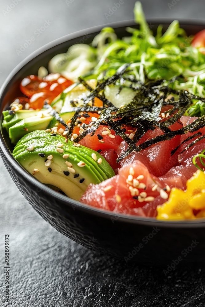 Fresh and Vibrant Poke Bowl with Tuna, Avocado, Seaweed, and Vegetables on Dark Background