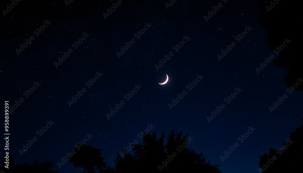 A crescent moon in a dark blue night sky, with silhouetted pine trees in the foreground A crescent moon in a dark blue night sky, with silhouetted pine trees in the foreground