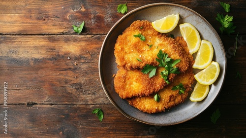 Top view of a classic schnitzel with lemon wedges on a wooden table, with plenty of space for text.