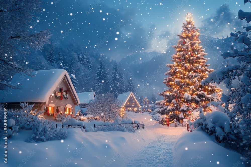 Snowy Christmas Village Under a Starry Night Snowy Christmas Village Under a Starry Night