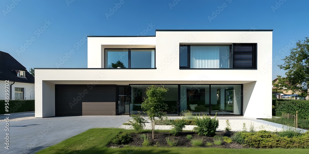 Modern White House With Large Windows and a Gravel Driveway Modern White House With Large Windows and a Gravel Driveway