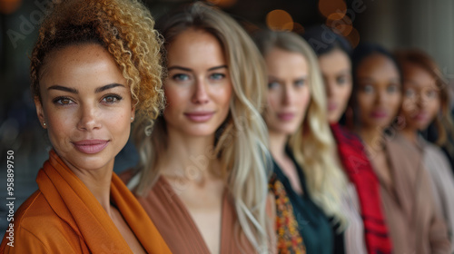 Diverse group of women standing in a row, blurred background, unity