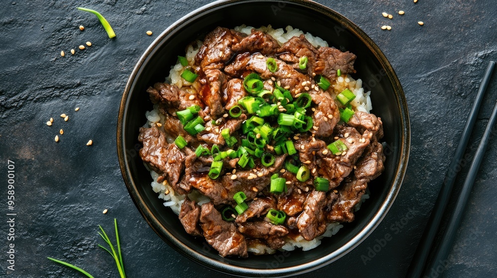 Top view of a Japanese donburi bowl with beef and green onions. Room for text. Top view of a Japanese donburi bowl with beef and green onions. Room for text.