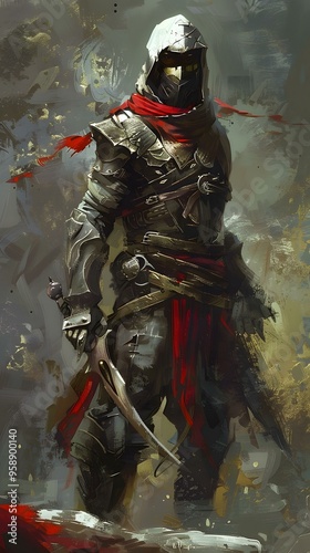 Male Character in Dark Armor with Hood and Sword