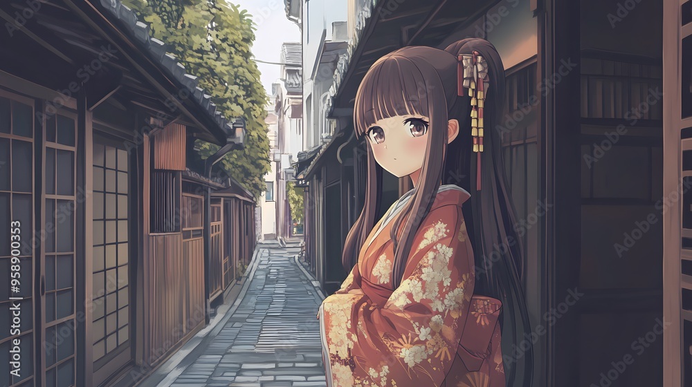 Obraz premium A young anime girl in a traditional kimono stands in a narrow Japanese alleyway.