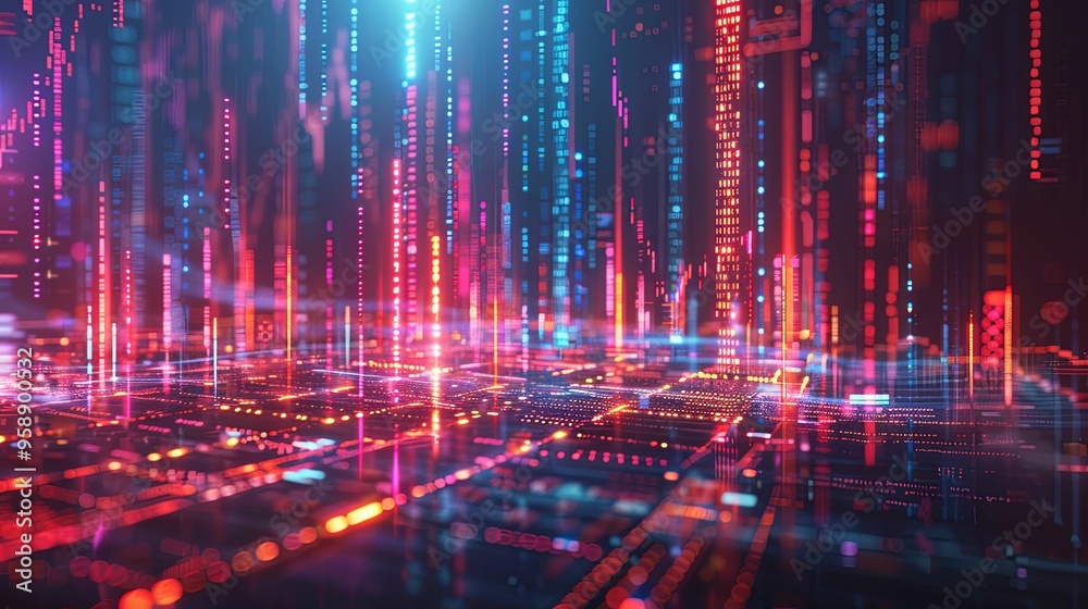 Fototapeta premium Abstract Digital Cityscape with Neon Lights and Bokeh Effects