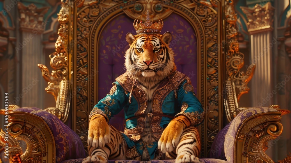Fototapeta premium Majestic Tiger King Sitting on Ornate Throne in Luxurious Royal Palace
