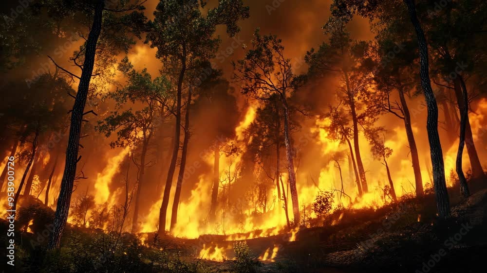 Intense forest fire spreads rapidly at night, engulfing trees and igniting flames in dry terrain Intense forest fire spreads rapidly at night, engulfing trees and igniting flames in dry terrain