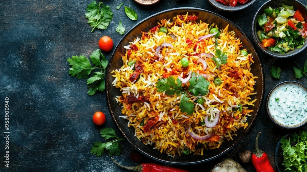 Top view of a plate of Indian biryani with raita and salad. Room for text. Top view of a plate of Indian biryani with raita and salad. Room for text.