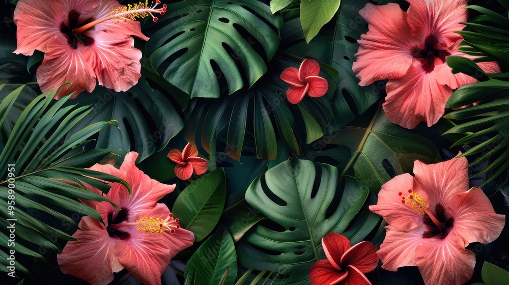 Vibrant Tropical Hibiscus Flowers and Lush Green Leaves Background Vibrant Tropical Hibiscus Flowers and Lush Green Leaves Background