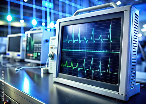 Electrocardiogram waveform display on a modern medical device screen, displaying a patient's vital signs and heart rate in a hospital or clinical setting.