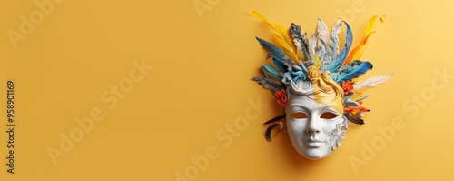 Artistic mask with bright feathers on a vibrant yellow background, perfect for celebrations and creative projects. photo