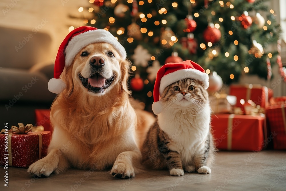 Joyful Dog in a Santa Hat and Cat by a Christmas Tree With Gifts Joyful Dog in a Santa Hat and Cat by a Christmas Tree With Gifts