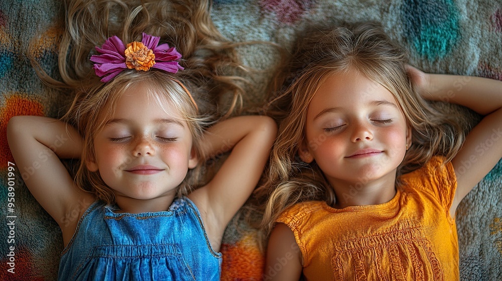 top view of of tired little girls friends lying on back on floor and sleeping top view of of tired little girls friends lying on back on floor and sleeping
