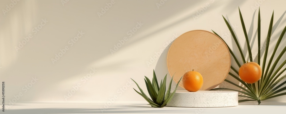 Fototapeta premium A stylish display featuring oranges, a circular backdrop, and tropical plants, perfect for modern interior decor and design inspiration.