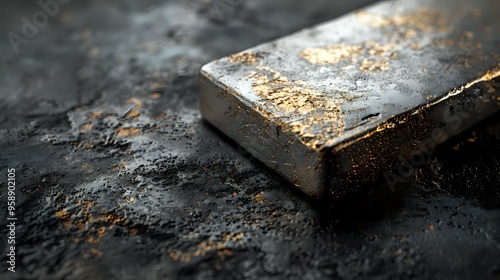 Close-up of a weathered gold bar resting on a textured surface, highlighting its rugged and precious quality. Ideal for themes of wealth, investment, and luxury branding. photo