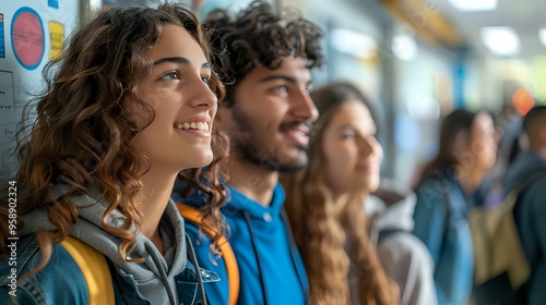 Group of smiling students standing together in a school hallway, representing youth, education, and friendship. Ideal for academic promotions, school-related projects, and educational campaigns.