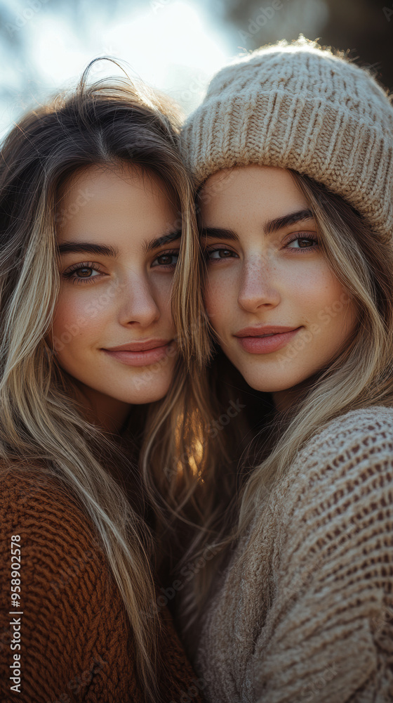 Fototapeta premium Two young women in cozy sweaters, close-up portrait, outdoor
