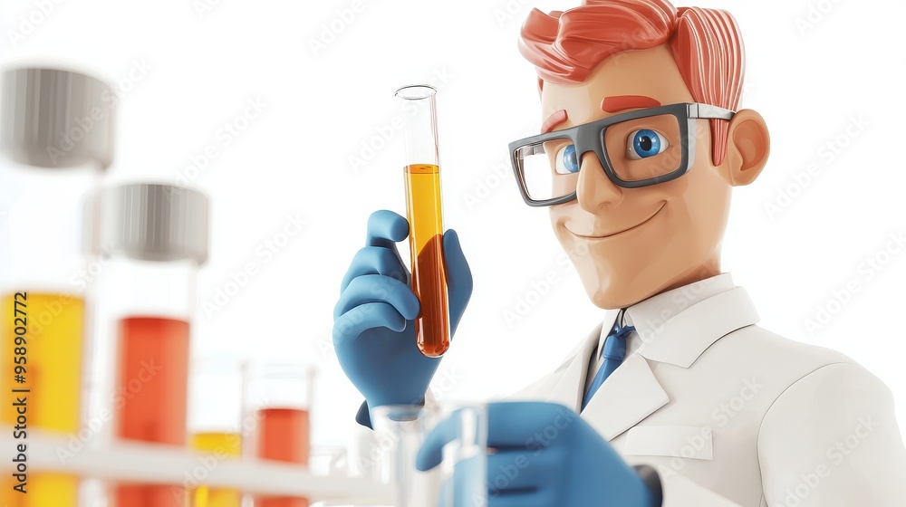 A cartoon scientist in a lab coat examines a test tube of orange liquid, with other test tubes in the background. A cartoon scientist in a lab coat examines a test tube of orange liquid, with other test tubes in the background.