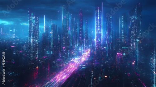 Futuristic Cityscape with Neon Lights and a Highway at Night