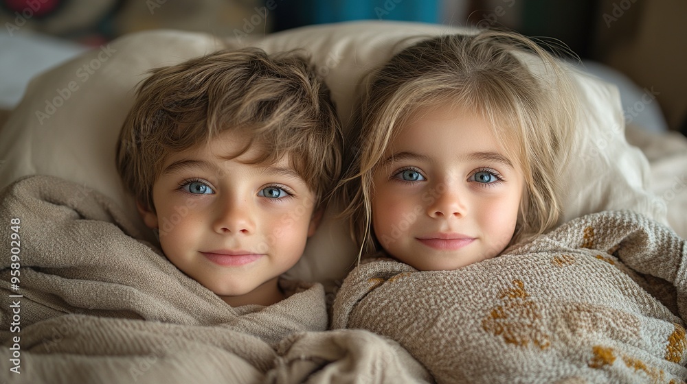 two small sick children brother and sister at home lying in bed two small sick children brother and sister at home lying in bed