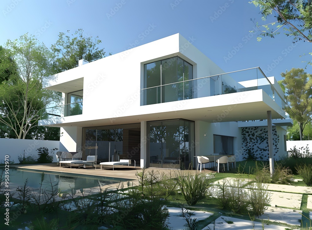 Fototapeta premium Modern White House with Swimming Pool and Garden