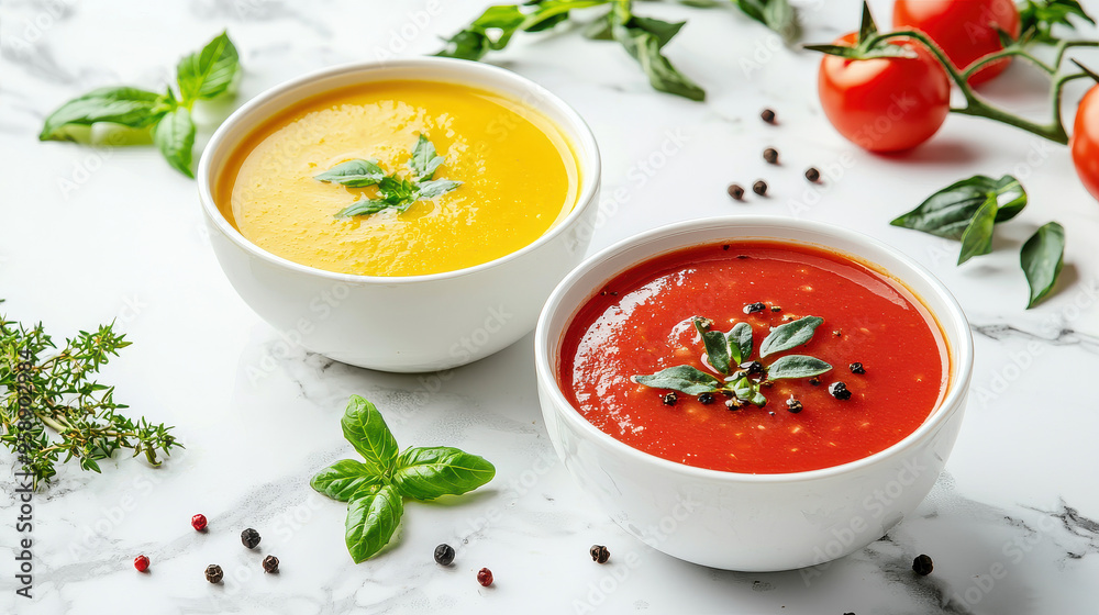 Two white bowls filled with vibrant yellow and red soups are surrounded by tomatoes and various herbs on a marble table, creating a fresh and appetizing scene.