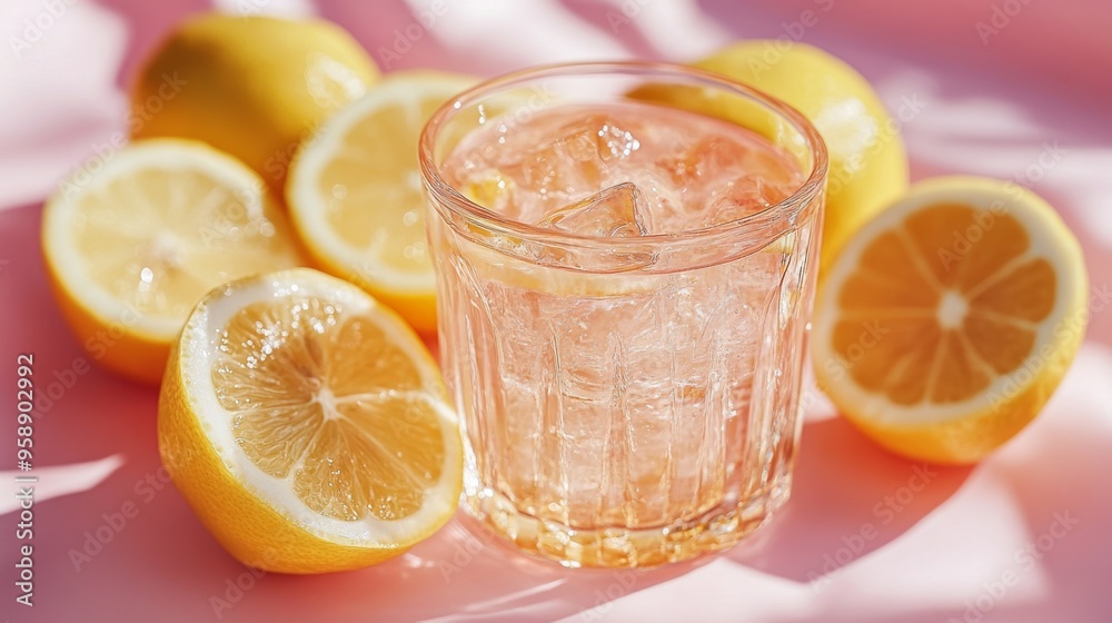 Fresh Lemonade with Sliced Lemons on Pink Background Fresh Lemonade with Sliced Lemons on Pink Background