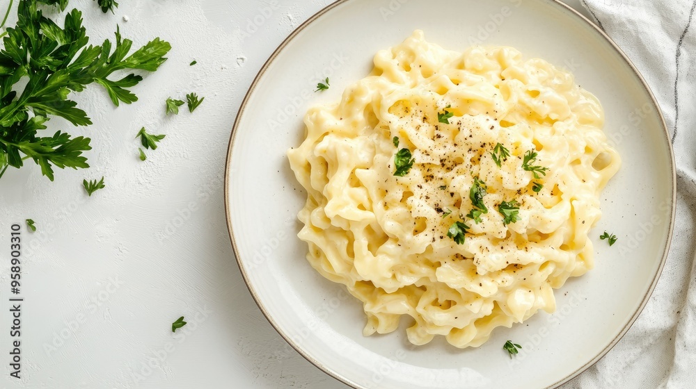 Top view of a serving of German on a white plate, with space for text on the side.