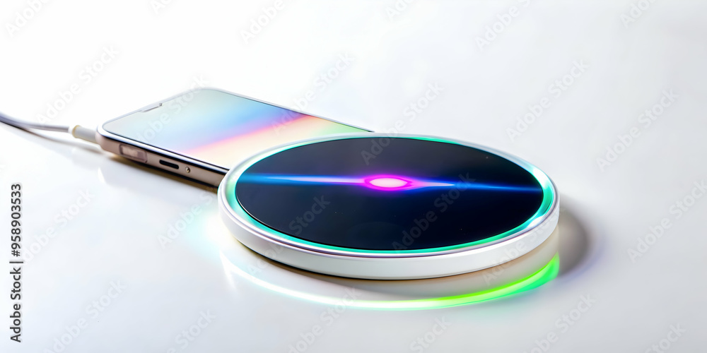 Modern Flat Vector Illustration of Wireless Charging Pad with Holographic Battery Indicator - Smart Business Concept with Ample Copy Space Modern Flat Vector Illustration of Wireless Charging Pad with Holographic Battery Indicator - Smart Business Concept with Ample Copy Space