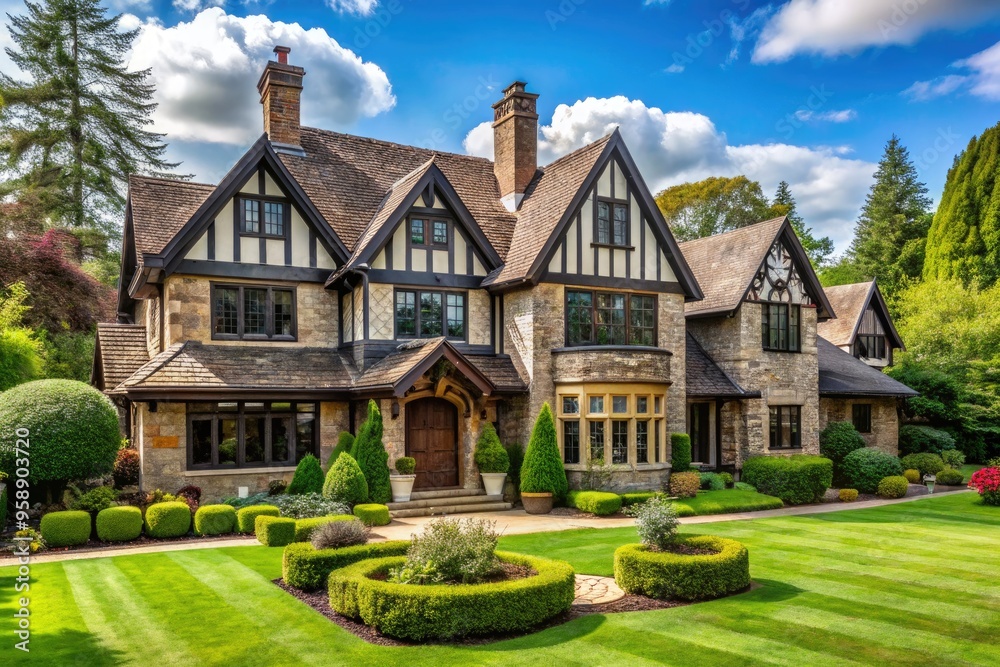 Elegant modern Tudor home with steeply pitched roof, dormer windows, and ornate stonework, surrounded by lush greenery and a beautifully manicured lawn. Elegant modern Tudor home with steeply pitched roof, dormer windows, and ornate stonework, surrounded by lush greenery and a beautifully manicured lawn.