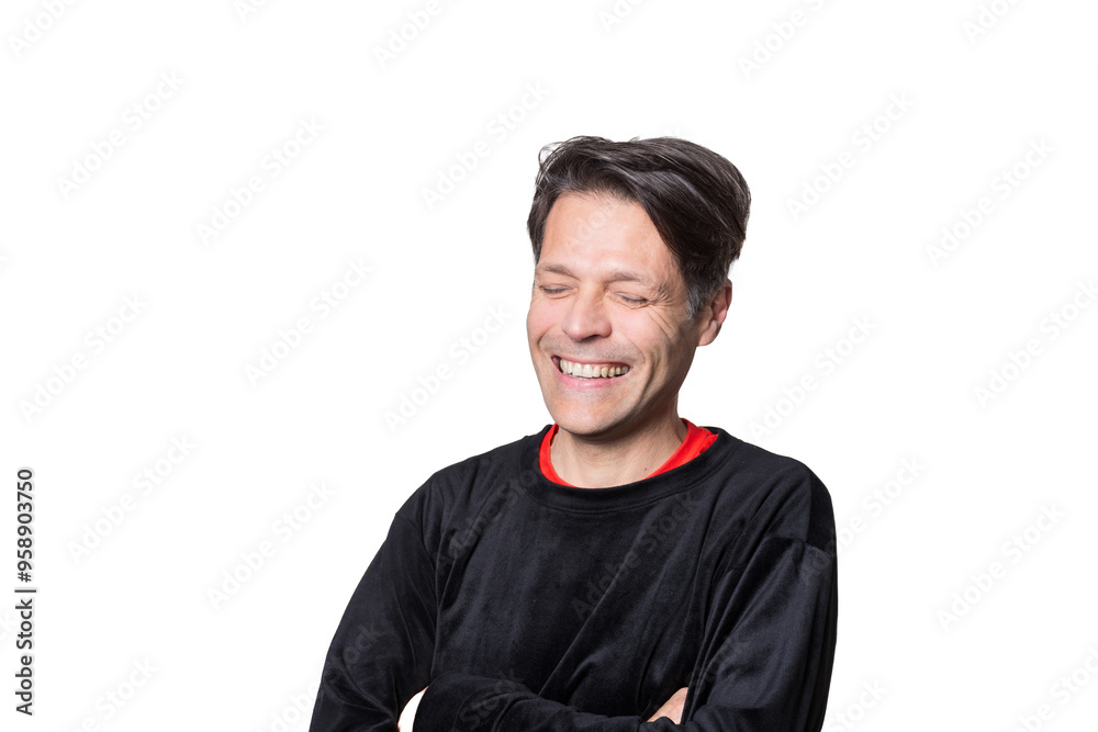 Middle-aged man laughing on white background. Middle-aged man laughing on white background.