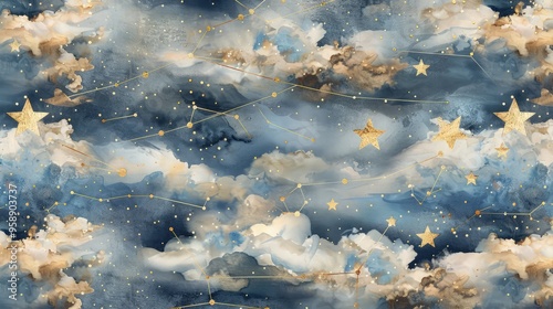A richly detailed seamless pattern, depicting a velvety night sky with twinkling gold foil stars, connected by constellation lines, amidst ethereal watercolor clouds.