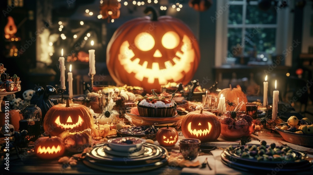 Halloween Feast Table with Spooky Decorations, Eyeball Soup, and Dark Shadows Under Candlelight Halloween Feast Table with Spooky Decorations, Eyeball Soup, and Dark Shadows Under Candlelight