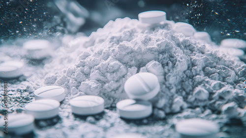 A detailed image of a pile of fine white powdered substance with several round white tablets dispersed around it, creating a clinical and clean visual representation.