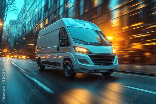 White modern delivery small shipment cargo courier van moving fast on motorway road to city