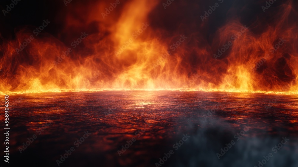 Dramatic fire and smoke effect glowing red and yellow colors burning the floor with text space. Vivid and hot hell abstract or blazing fire background or wallpaper