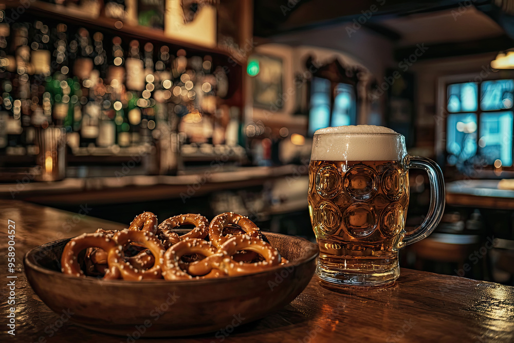 Fototapeta premium A frosty mug of beer, ready to be enjoyed with a bowl of salty pretzels. Cheers to good times!