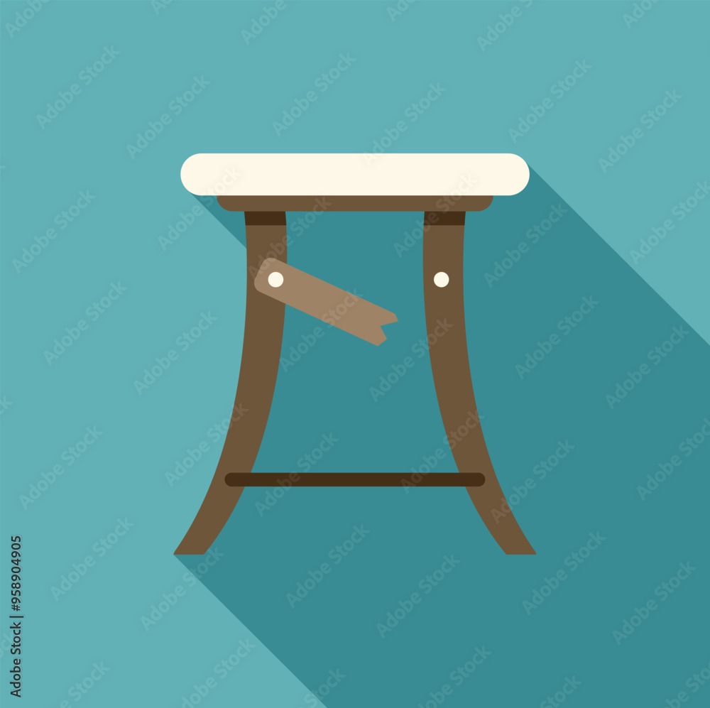 Old broken wooden stool with round seat and broken leg is standing on blue background, in flat design Old broken wooden stool with round seat and broken leg is standing on blue background, in flat design