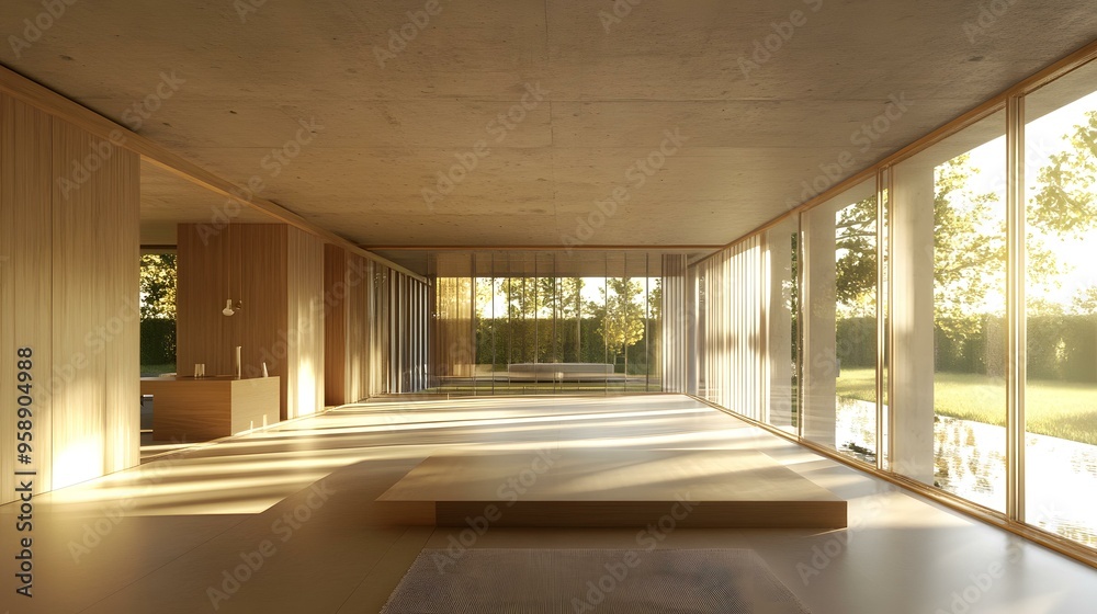 Obraz premium Minimalist Modern Wooden Room With Large Windows