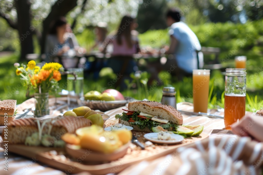 Joyful Picnic with Friends Sharing Homemade Sandwiches, Fresh Fruit, and Refreshing Drinks in Sunny Park Joyful Picnic with Friends Sharing Homemade Sandwiches, Fresh Fruit, and Refreshing Drinks in Sunny Park