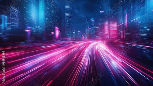 Abstract cityscape featuring neon light trails and dynamic motion effects, offering a futuristic and energetic urban scene. -