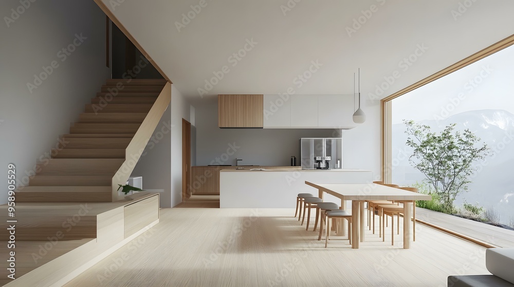 Fototapeta premium Modern Minimalist Kitchen Design With Wooden Stairs and Large Windows