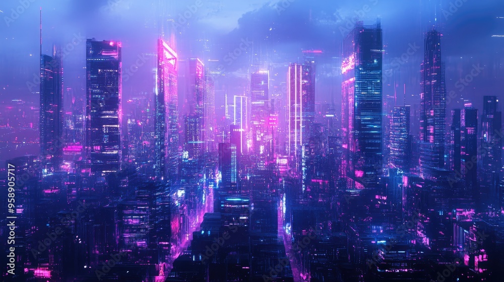 Fototapeta premium Abstract cityscape with neon-lit architecture and futuristic digital effects, offering a panoramic view of high-tech urban design and technology