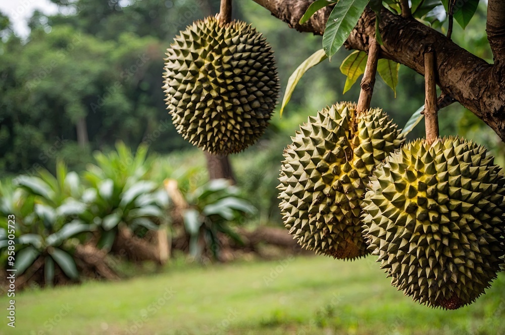 Durian fruits hanging on a tree, with green leaves in the background Durian fruits hanging on a tree, with green leaves in the background