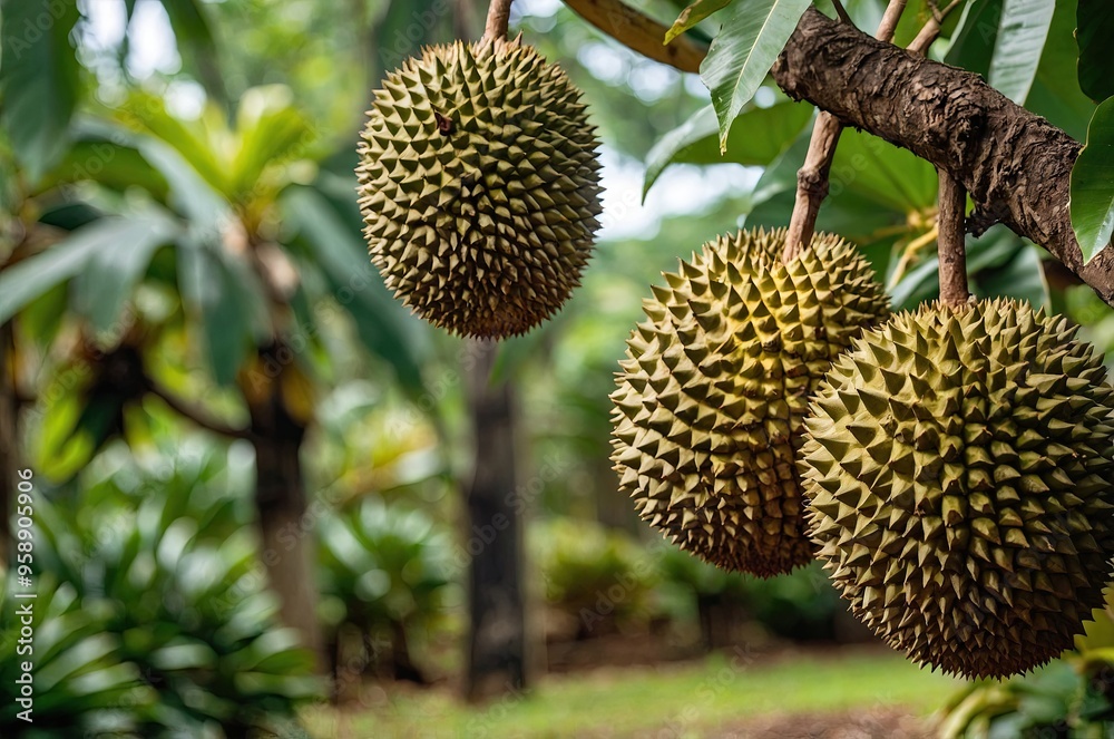 Durian fruits hanging on a tree, with green leaves in the background Durian fruits hanging on a tree, with green leaves in the background